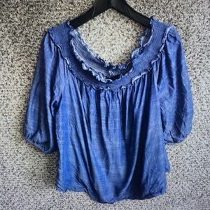 Blue Ruffled Scoop-Neck Women's Top
